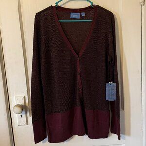 Simply by Vera Wang Burgandy and Black Cardigan with Gold Flecks.  Size XL; NWT.